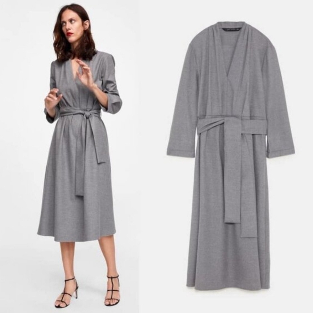 Zara gray Heather belted v-neck pleated midi dress - Picture 4 of 10